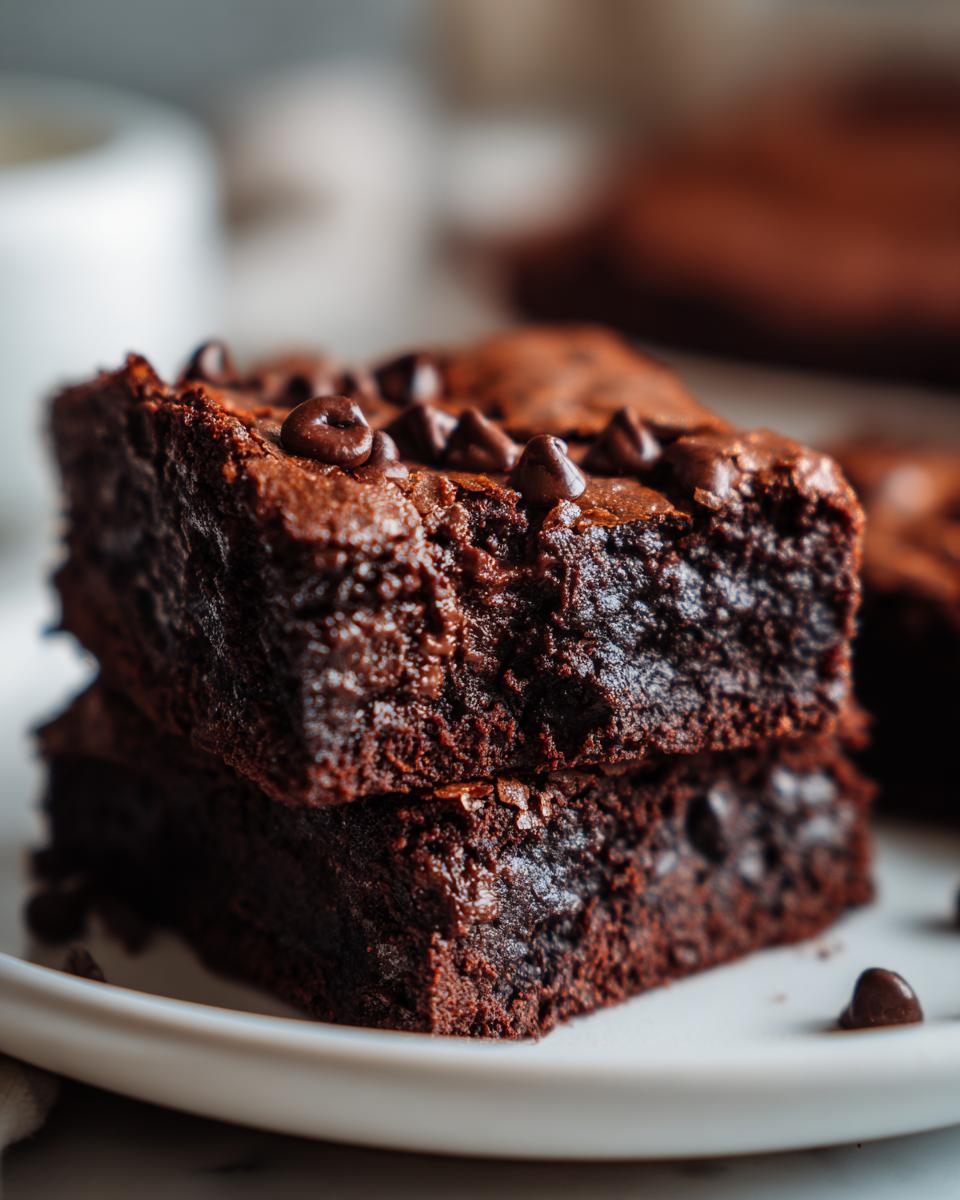 Close-up of two stacked, fudgy Sweet potato brownies topped with melted chocolate chips on a white plate.