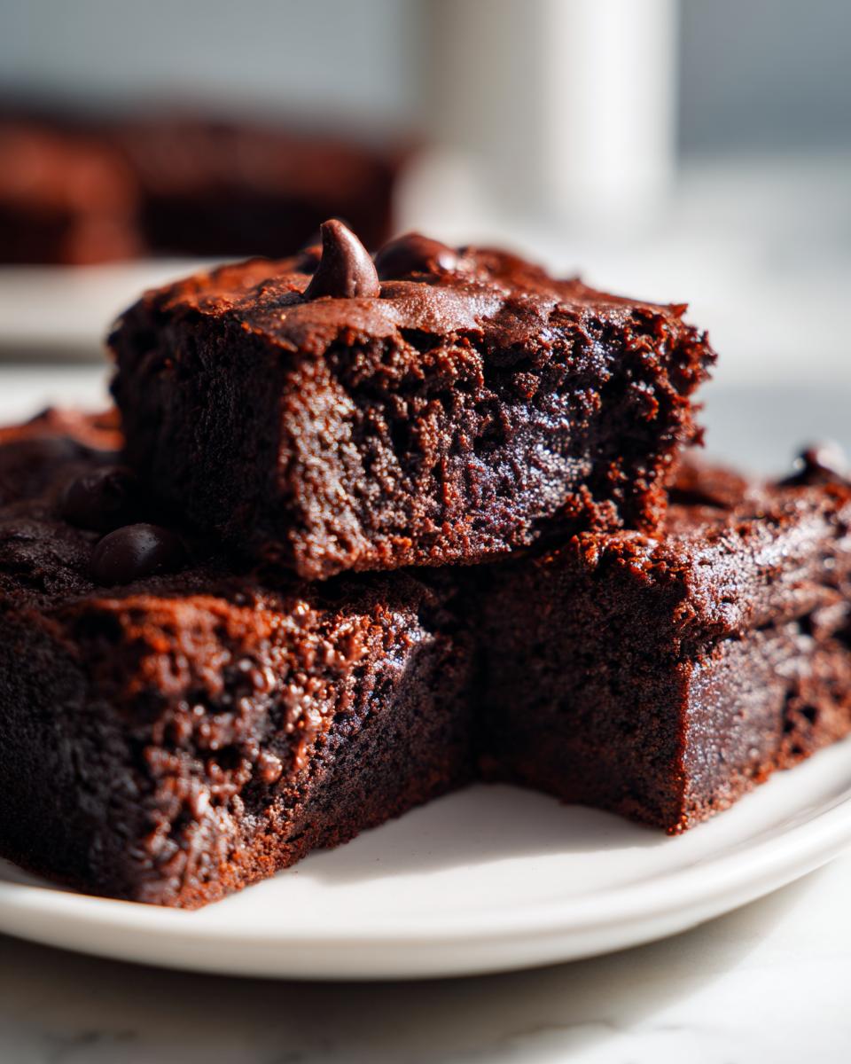 Close-up of rich, fudgy Sweet potato brownies stacked, topped with chocolate chips, ready to eat.
