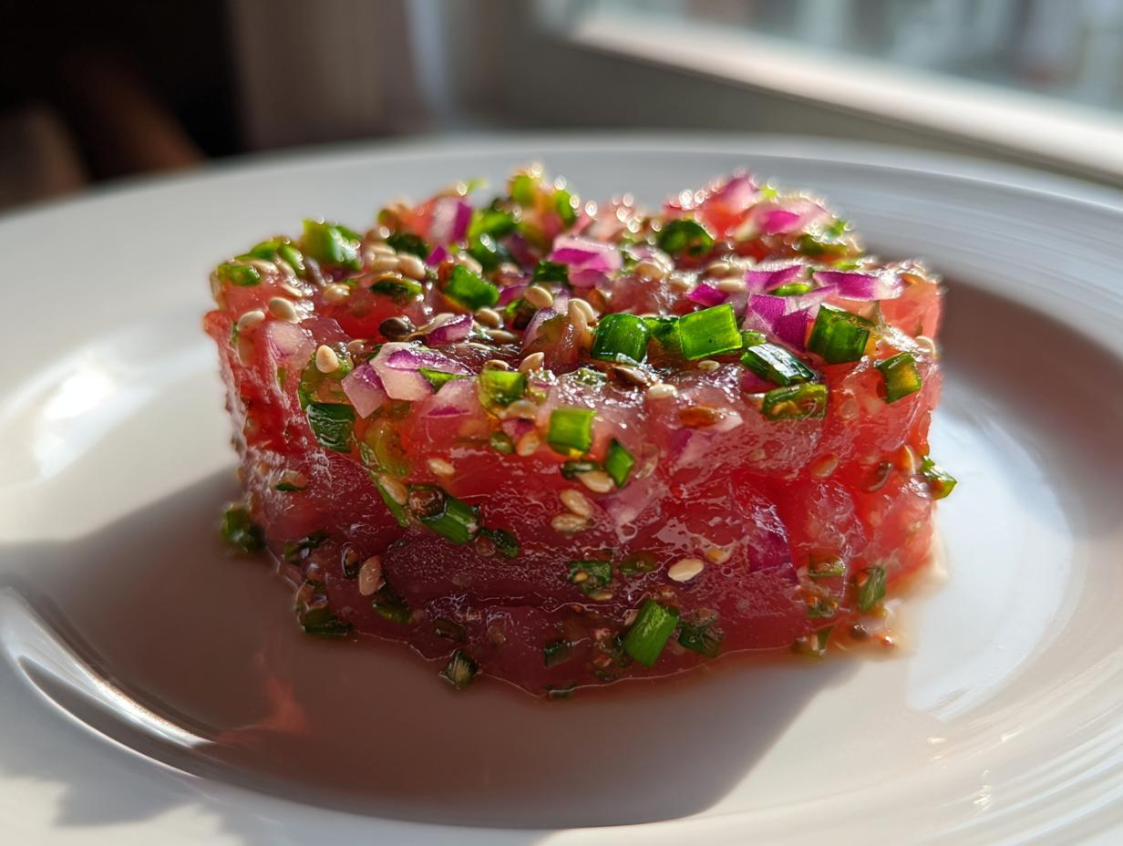 Close-up of a molded serving of bright red Tuna Tartare Recipe topped with diced red onion, green scallions, and sesame seeds.