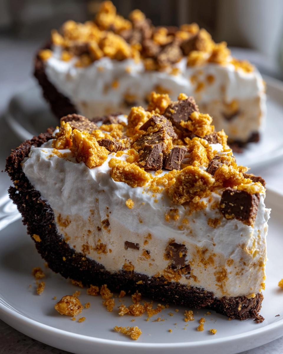 A thick slice of no-bake butterfinger pie featuring a dark crust, creamy filling, and topped with whipped cream and crushed Butterfinger pieces.