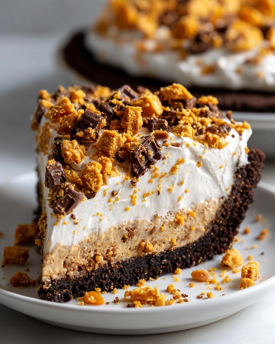 A decadent slice of no-bake butterfinger pie showing chocolate crust, peanut butter filling, whipped cream, and crushed Butterfinger candy topping.