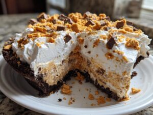 A slice removed from a no-bake butterfinger pie showing layers of chocolate crust, peanut butter filling, and whipped cream topped with Butterfinger pieces.