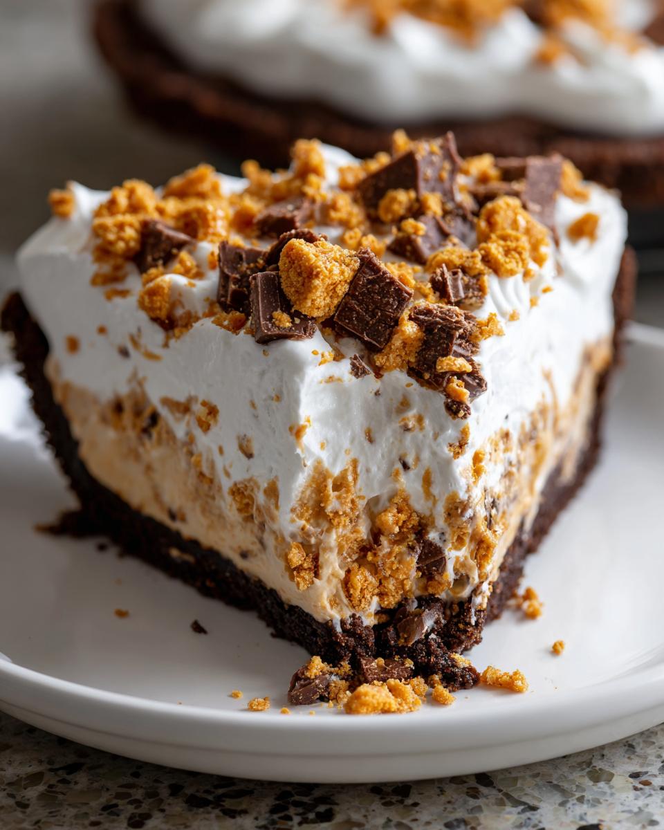 Close-up of a thick slice of no-bake butterfinger pie featuring a chocolate crust, peanut butter filling, whipped cream, and Butterfinger pieces.