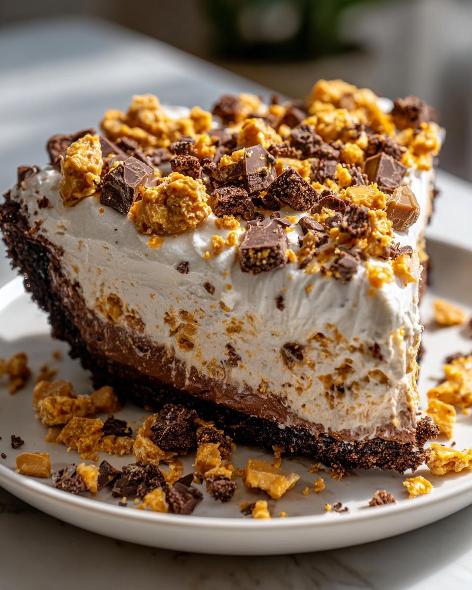 A close-up of a thick slice of no-bake butterfinger pie with a chocolate crust and whipped topping loaded with candy pieces.