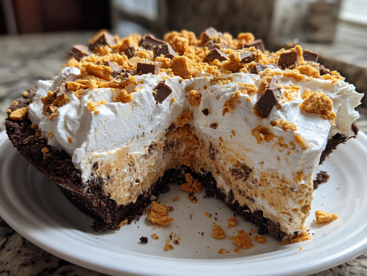 A slice removed from a no-bake butterfinger pie showing layers of chocolate crust, peanut butter filling, and whipped cream topped with Butterfinger pieces.