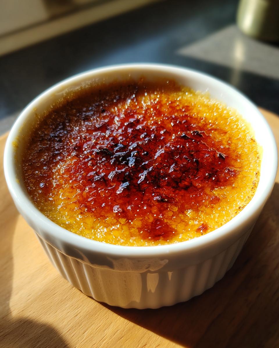 Close-up of a single serving of Creme Brulee with a perfectly caramelized, crackling sugar crust.