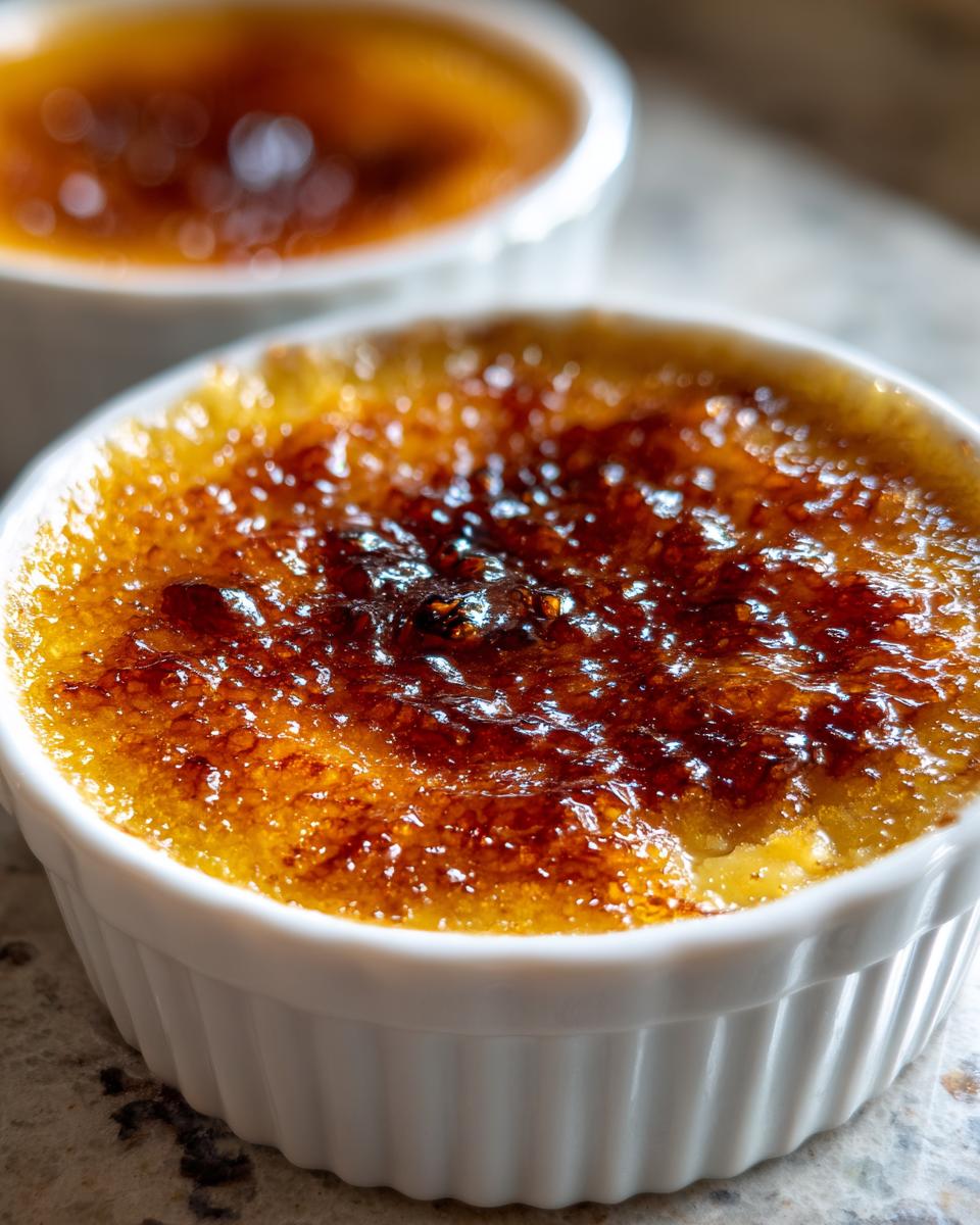 Close-up of a freshly made creme brulee in a white ramekin, showing the shiny, caramelized sugar crust.
