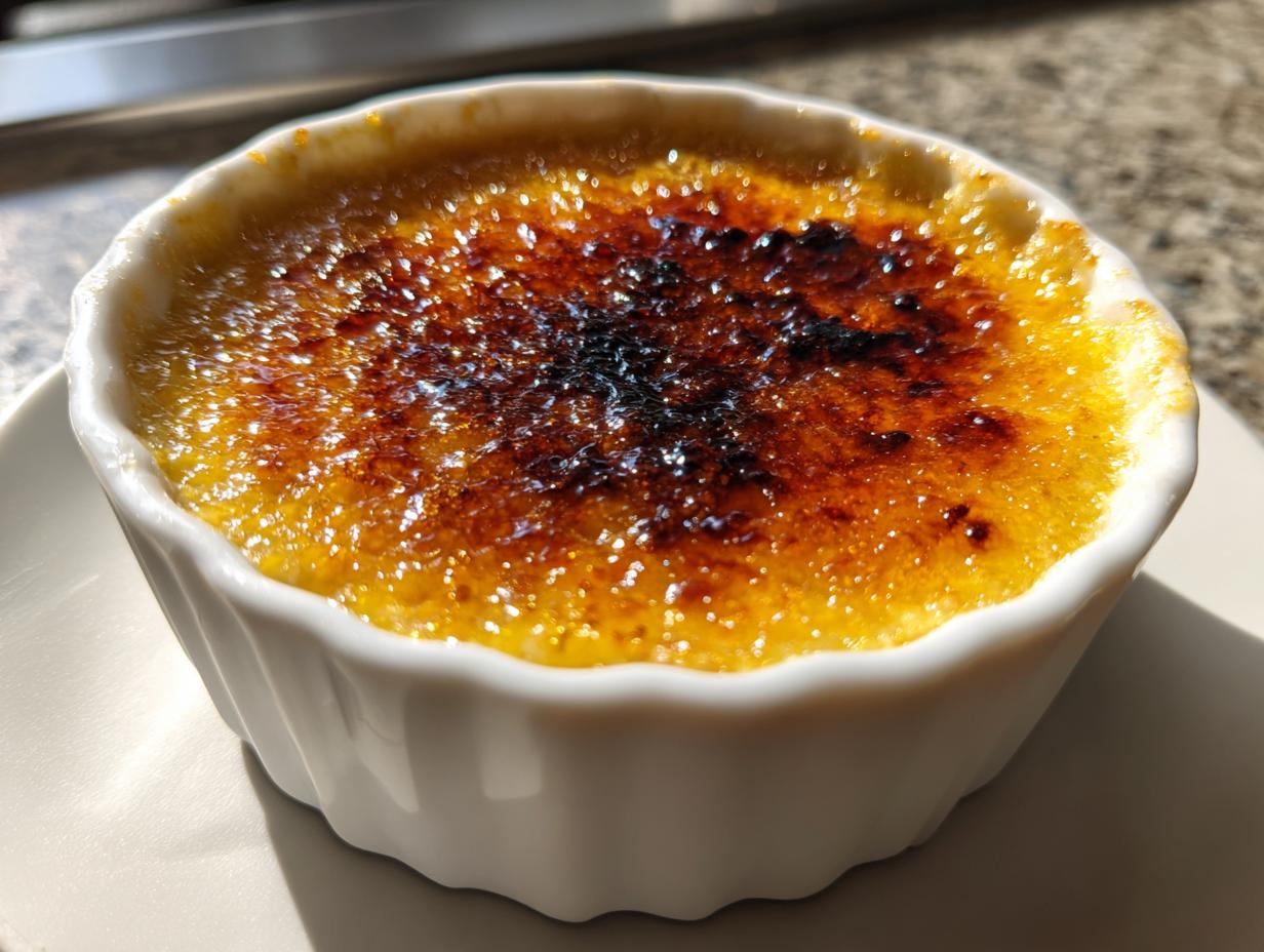 Close-up of a single serving of Creme Brulee in a white ramekin, featuring a deeply caramelized, crackling sugar top.