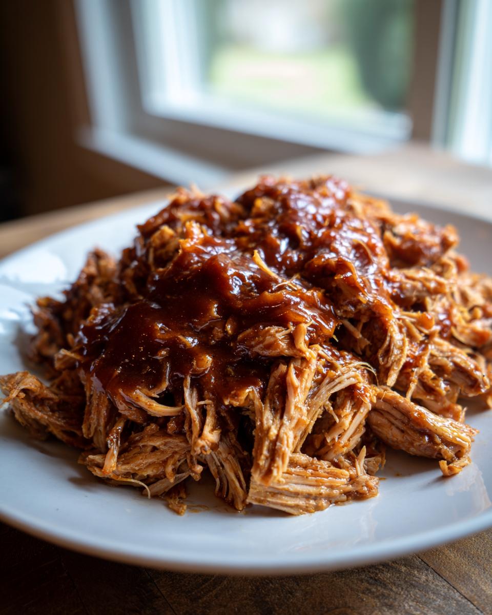 Close-up of tender pioneer woman slow cooker pulled pork smothered in rich barbecue sauce on a white plate.