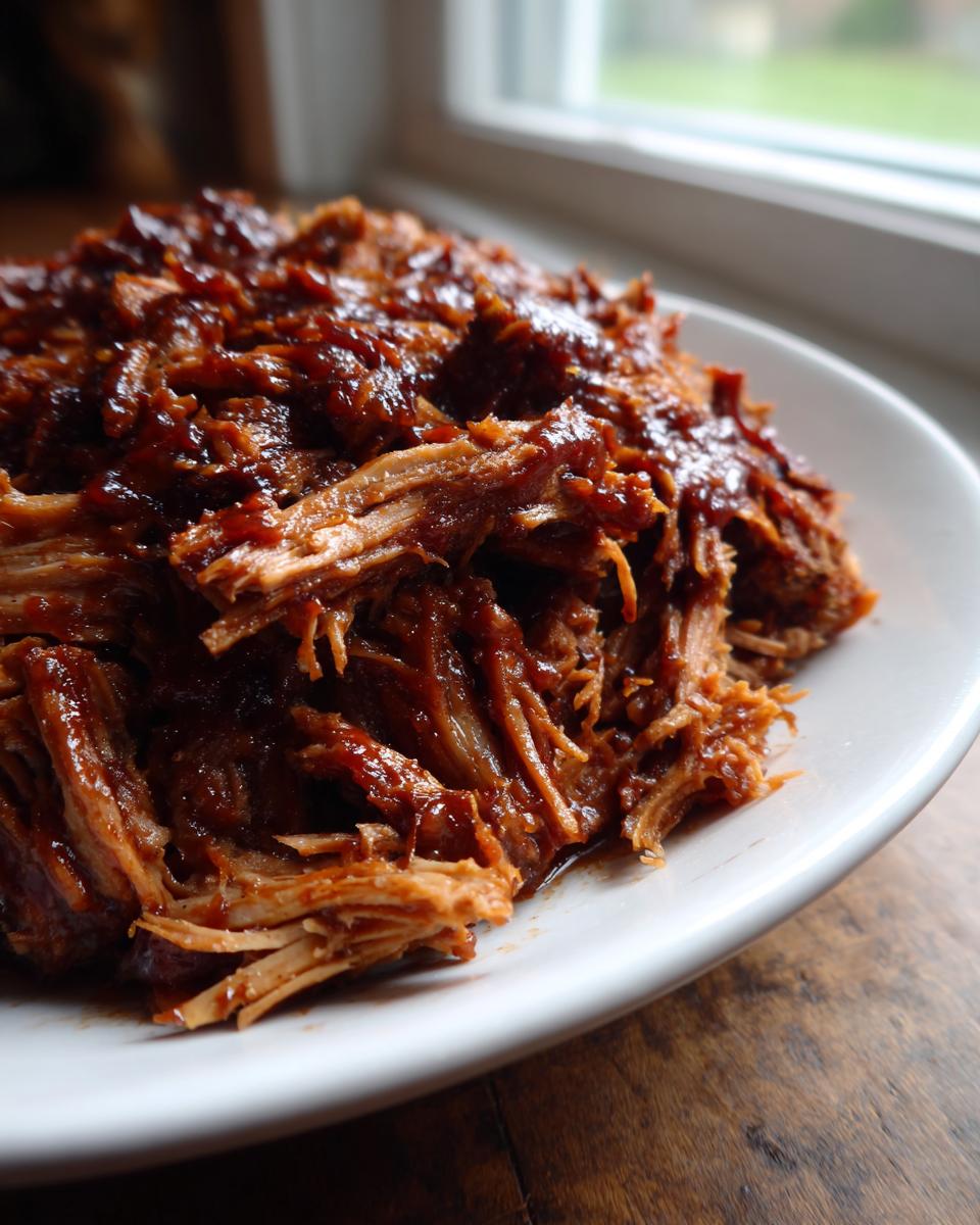 Close-up of shredded, saucy pioneer woman slow cooker pulled pork piled high on a white plate near a window.
