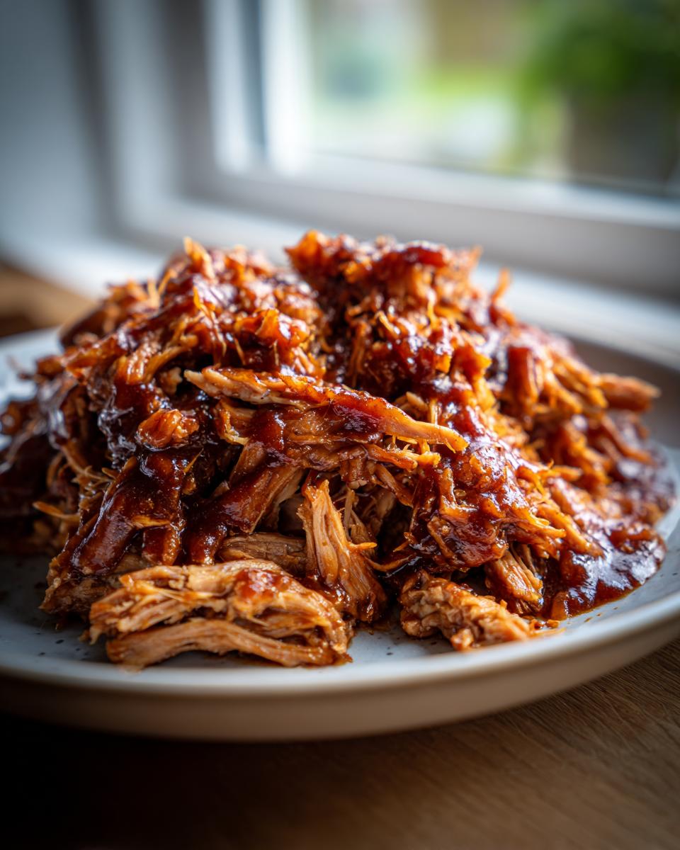 Close-up of shredded pioneer woman slow cooker pulled pork smothered in rich barbecue sauce on a plate.
