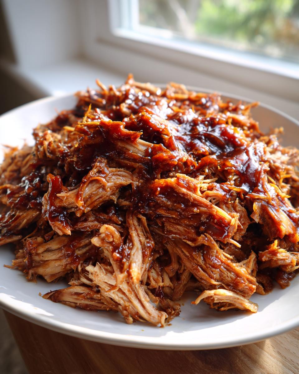 A mound of shredded, saucy pioneer woman slow cooker pulled pork piled high on a white plate.
