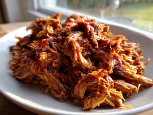 A close-up of tender, shredded pioneer woman slow cooker pulled pork coated in rich barbecue sauce on a white plate.