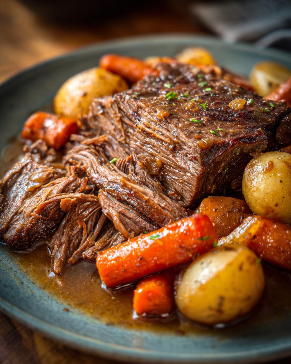 A close-up of slow-cooked pot roast with carrots and potatoes, perfect for Sunday dinner ideas.