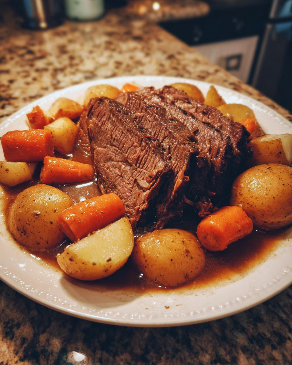 A hearty serving of sliced pot roast with potatoes and carrots, perfect for Sunday dinner ideas.