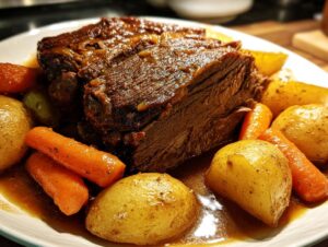 Close-up of tender pot roast served with carrots and potatoes, a perfect choice for Sunday dinner ideas.