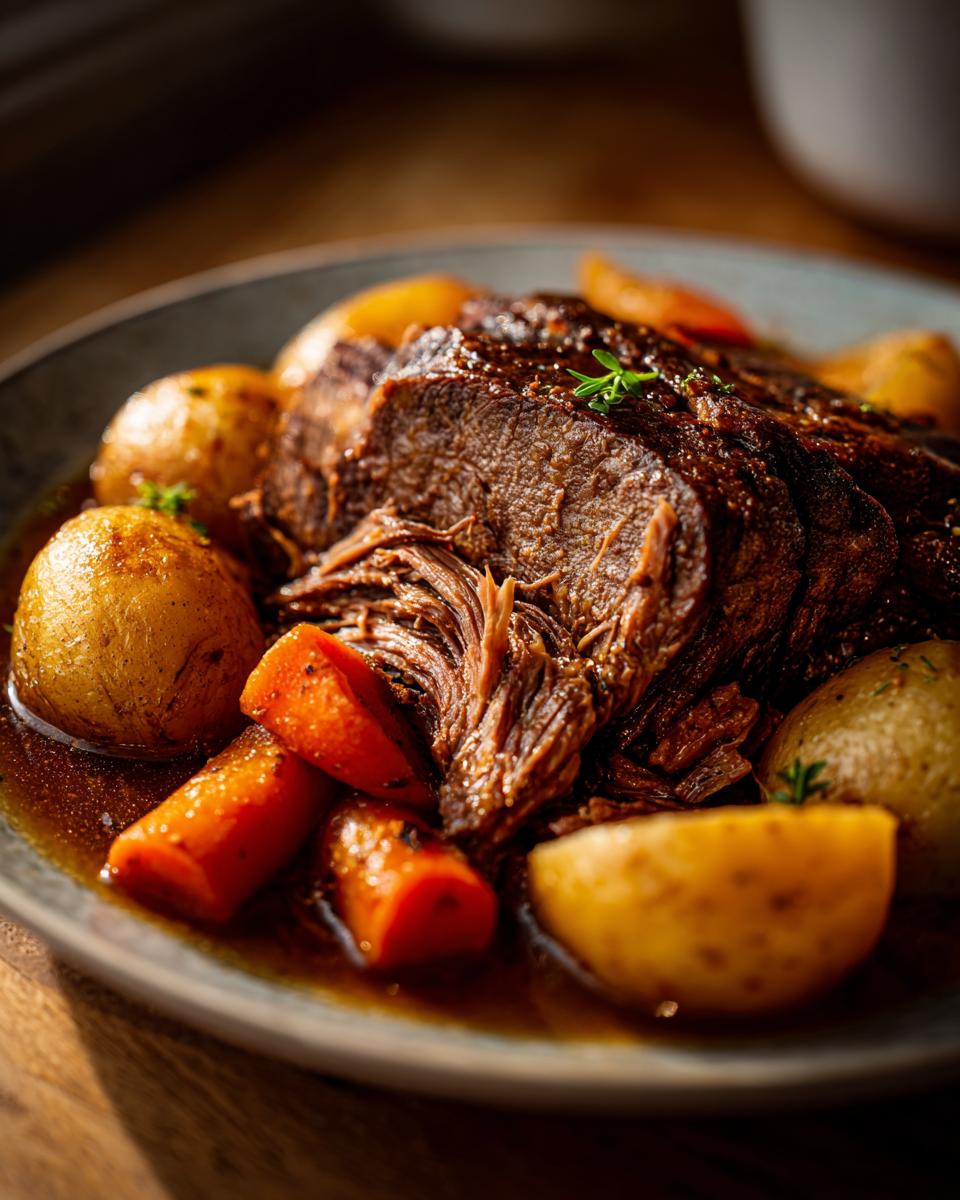 A close-up of a tender pot roast with potatoes and carrots, perfect for Sunday dinner ideas.