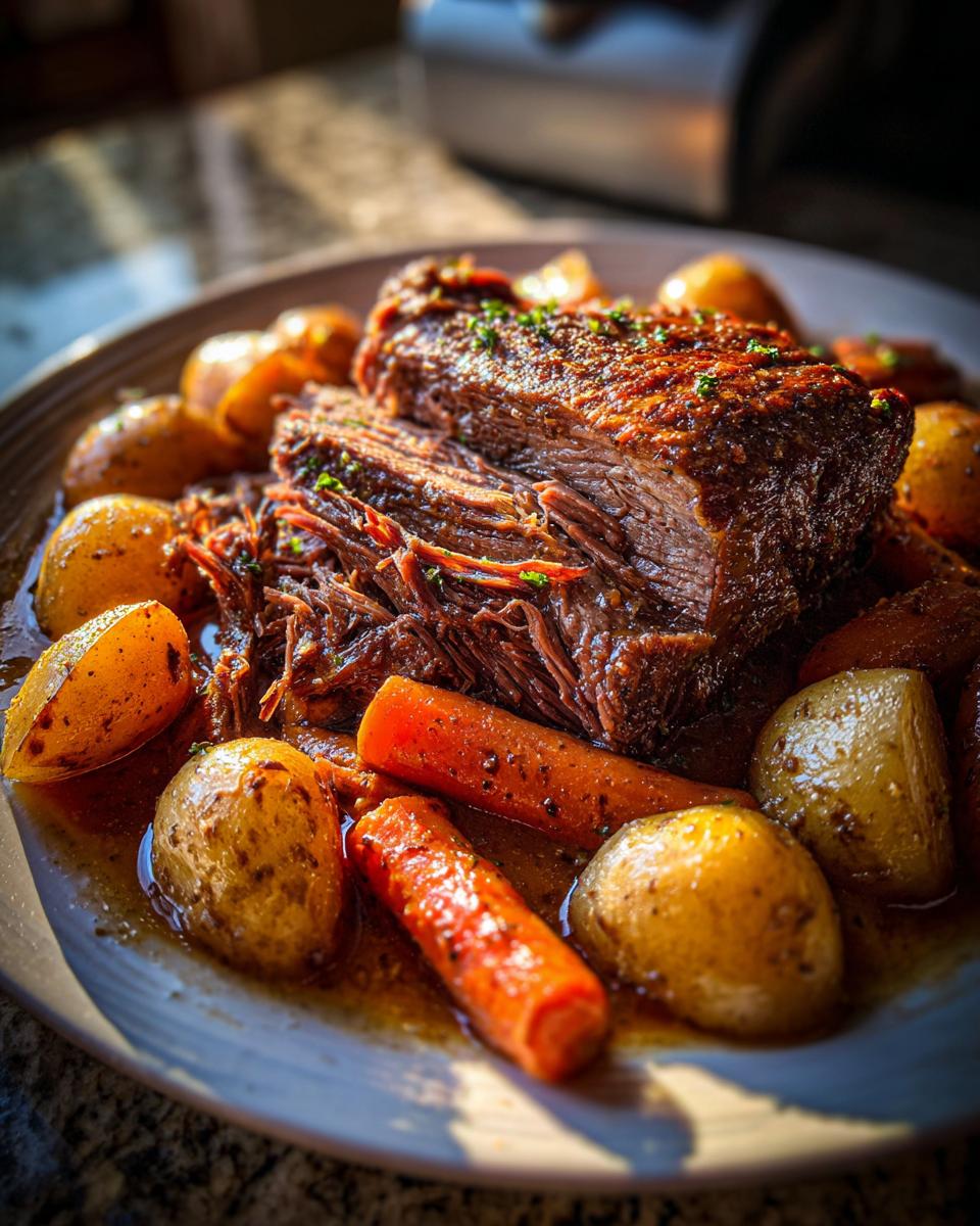 A hearty pot roast, partially shredded, served with roasted potatoes and carrots, perfect for Sunday dinner ideas.