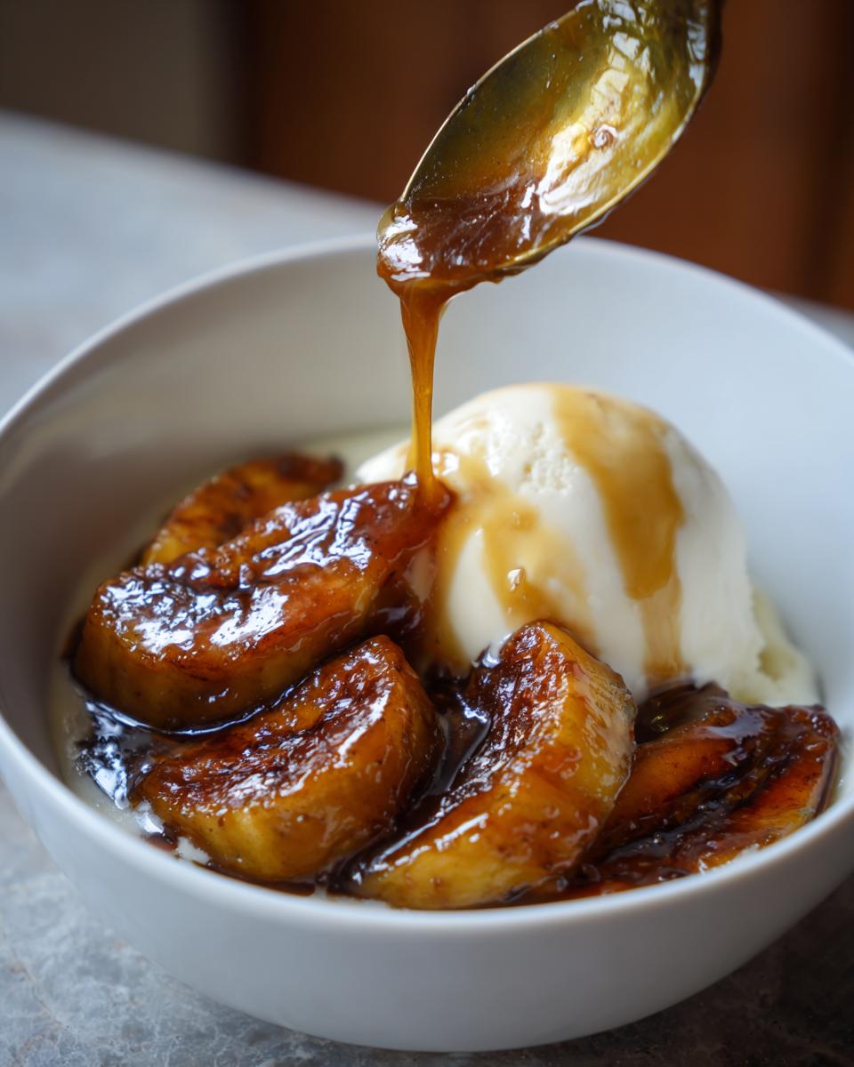 A spoonful of rich caramel sauce is poured over caramelized bananas and vanilla ice cream for Bananas Foster.