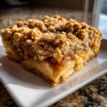 A close-up, tempting square slice of apple crisp showing thick, soft apples and a crunchy oat crumble topping.