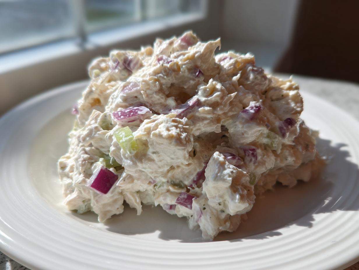 A mound of creamy cottage cheese chicken salad mixed with visible chunks of red onion and celery on a white plate.