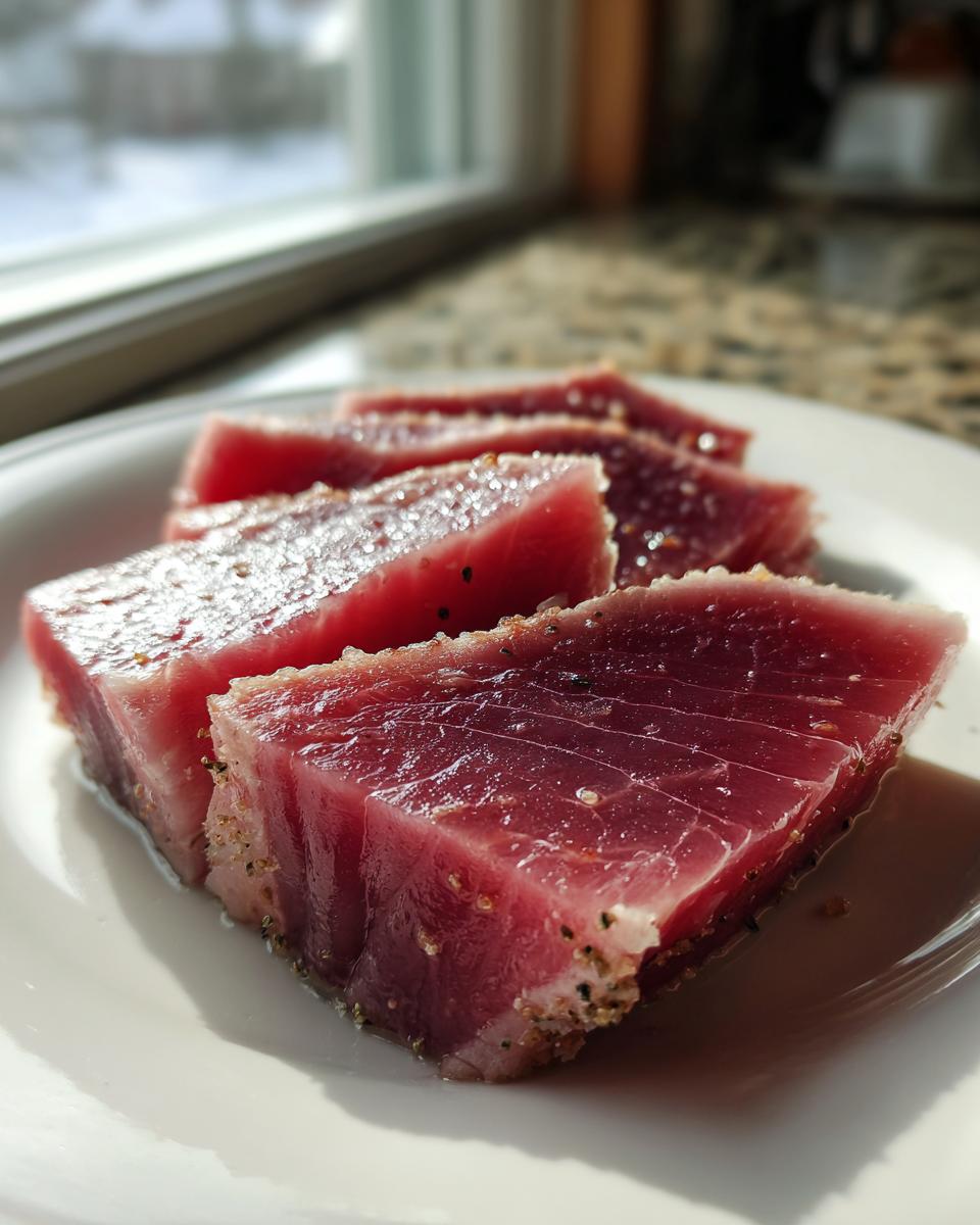 Four thick, bright red slices of raw tuna steak seasoned with pepper, resting in a light liquid marinade.