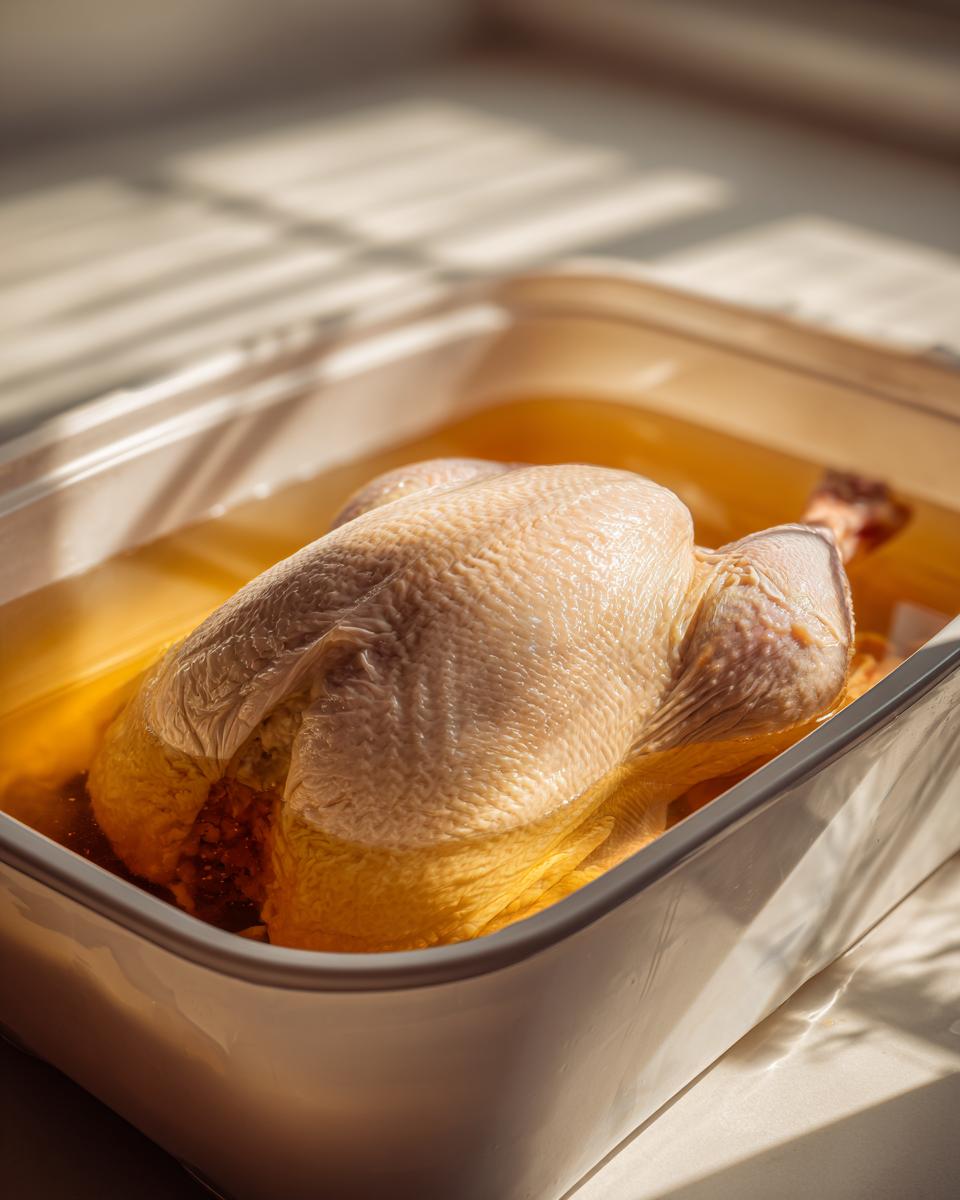 A raw turkey submerged in amber liquid inside a white container, demonstrating the turkey brine process.