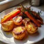 Close-up of golden brown roasted potatoes and carrots seasoned with fresh rosemary sprigs.