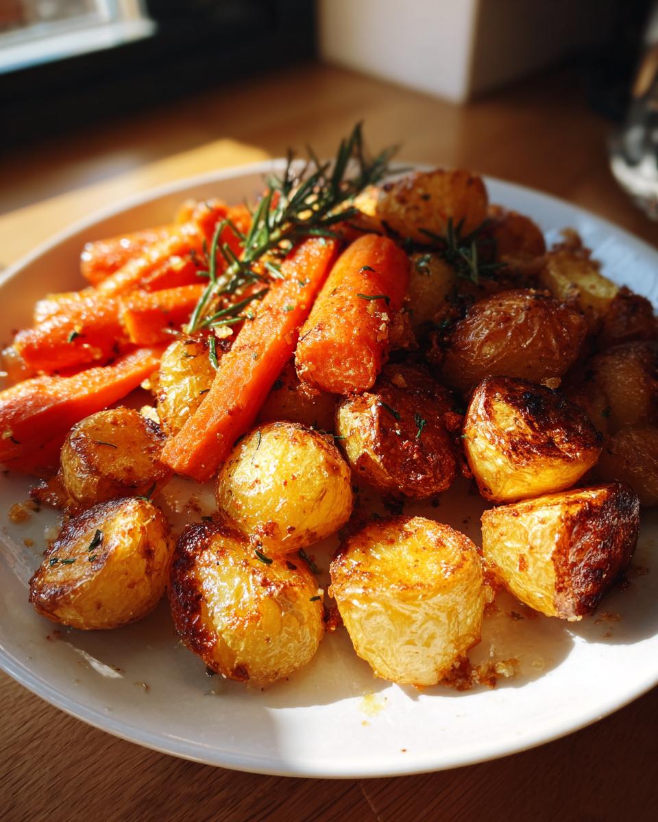 A close-up of golden brown roasted potatoes and carrots seasoned with herbs, a perfect side dish of roasted potatoes and carrots.