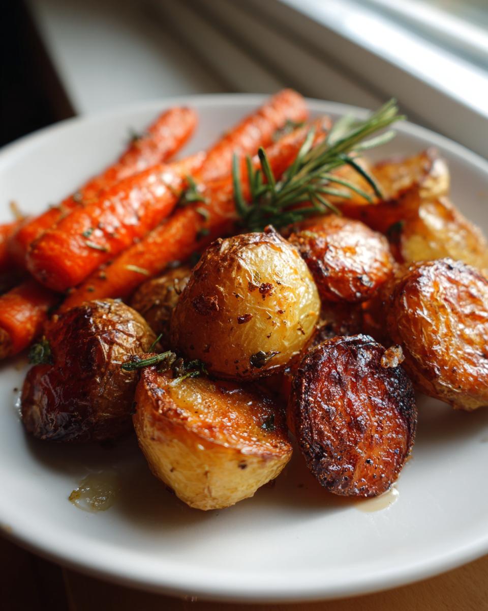 Close-up of golden brown roasted potatoes and carrots seasoned with herbs, likely rosemary.