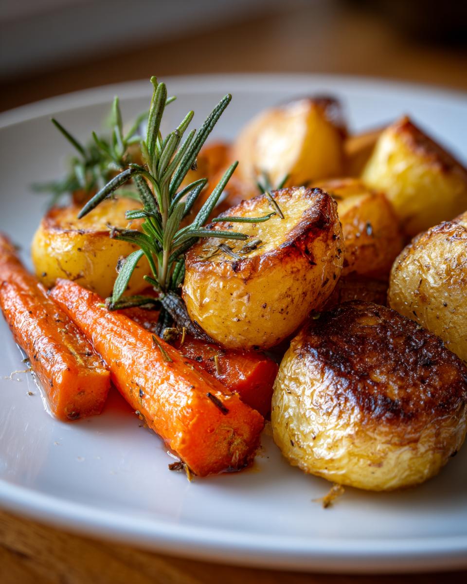 Close-up of golden brown roasted potatoes and carrots seasoned with herbs and garnished with fresh rosemary.
