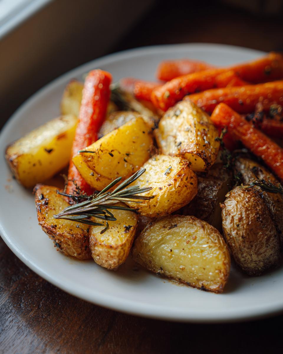 Close-up of golden brown roasted potatoes and carrots seasoned with herbs like rosemary.