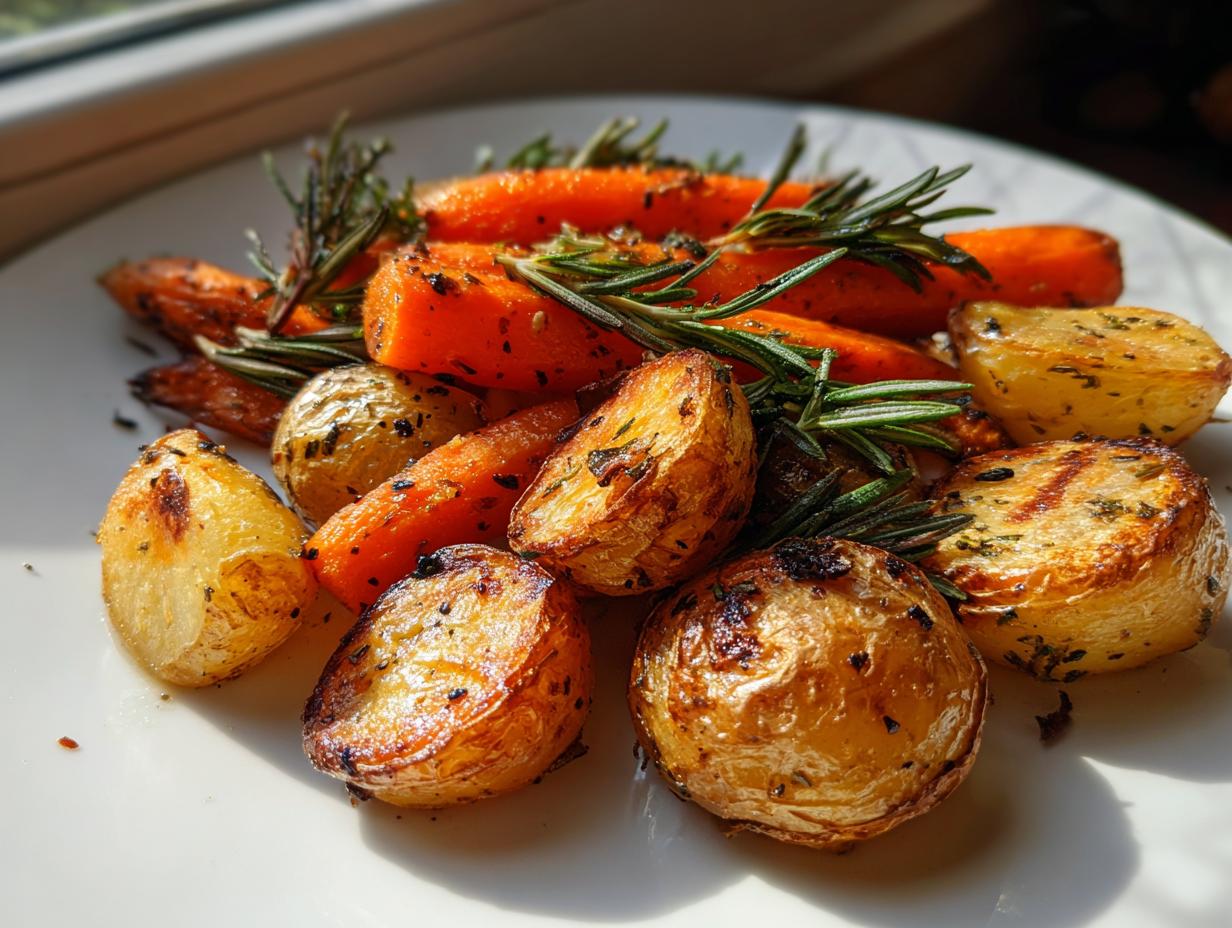 Close-up of golden brown roasted potatoes and carrots seasoned with herbs and fresh rosemary sprigs.