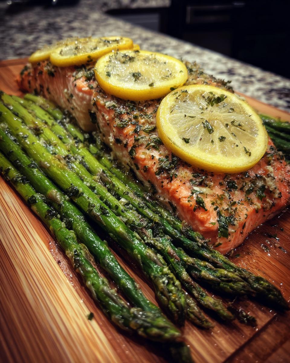 Baked salmon fillet topped with lemon slices and herbs, served alongside roasted asparagus, perfect for anti-inflammatory dinners.
