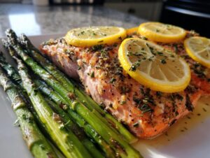 Close-up of baked salmon seasoned with herbs and topped with lemon slices, served with bright green asparagus, perfect for anti-inflammatory dinners.