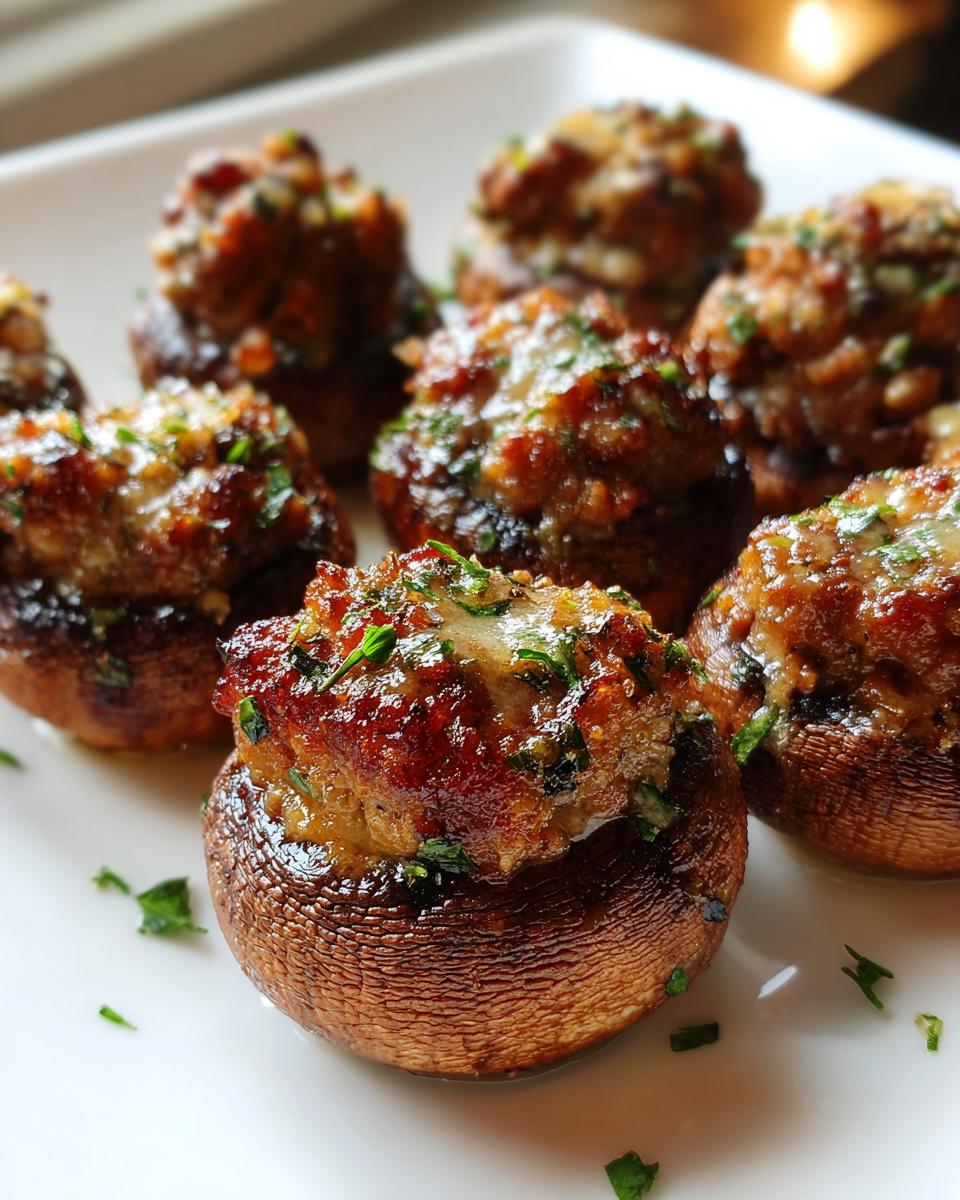 Close-up of perfectly baked sausage stuffed mushrooms garnished with fresh parsley on a white plate.