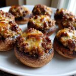A close-up of several golden-brown, baked Sausage stuffed mushrooms topped with browned cheese.