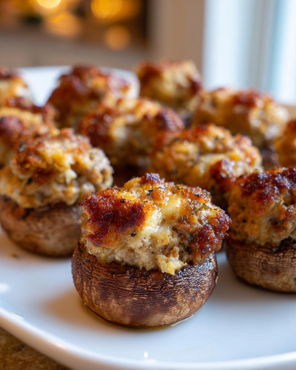 A close-up of several perfectly baked Sausage stuffed mushrooms with a browned, cheesy filling served on a white platter.