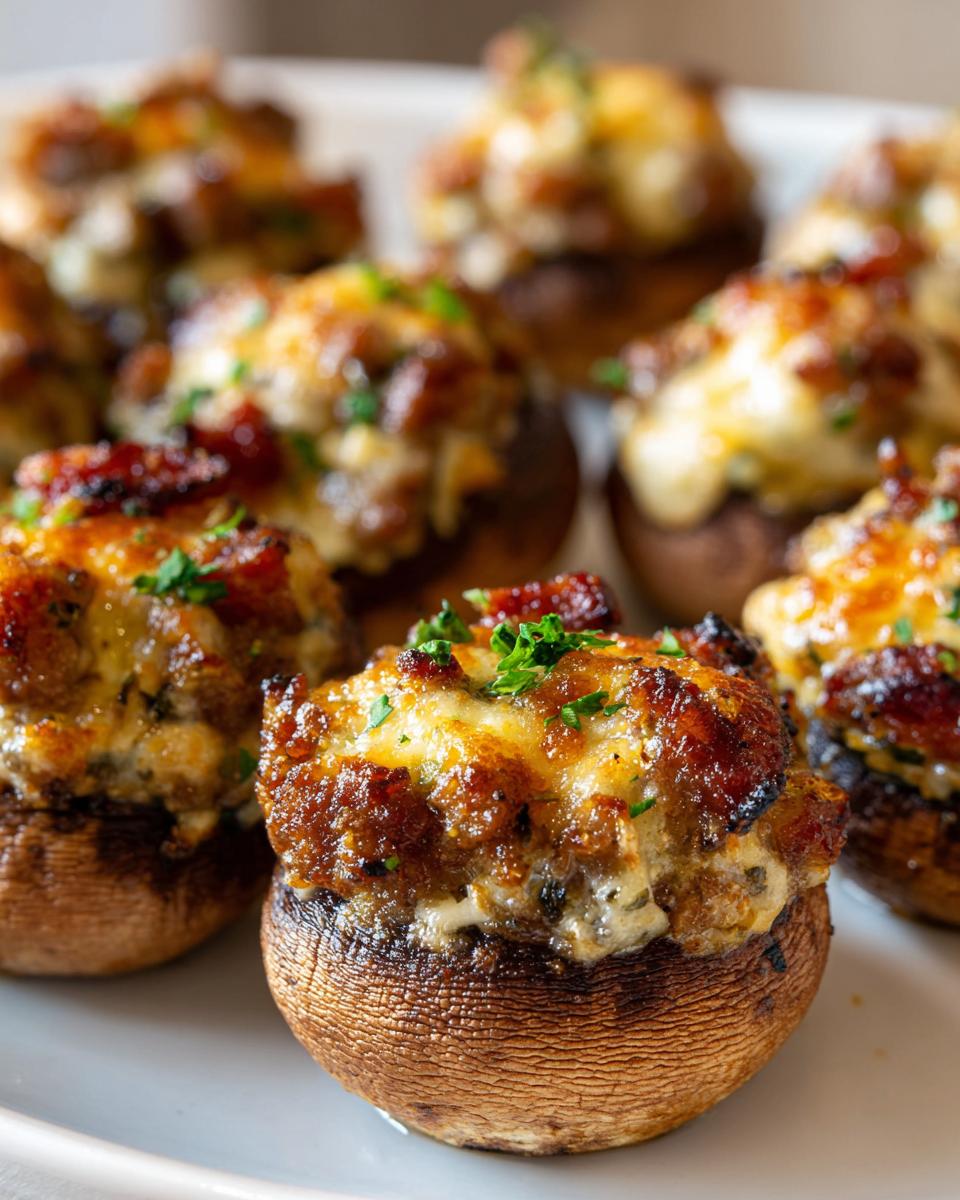 Close-up of baked sausage stuffed mushrooms with melted, browned cheese topping and fresh parsley.
