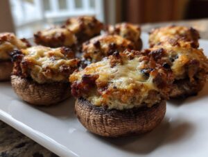 Close-up of baked sausage stuffed mushrooms topped with melted, browned cheese, ready to serve.