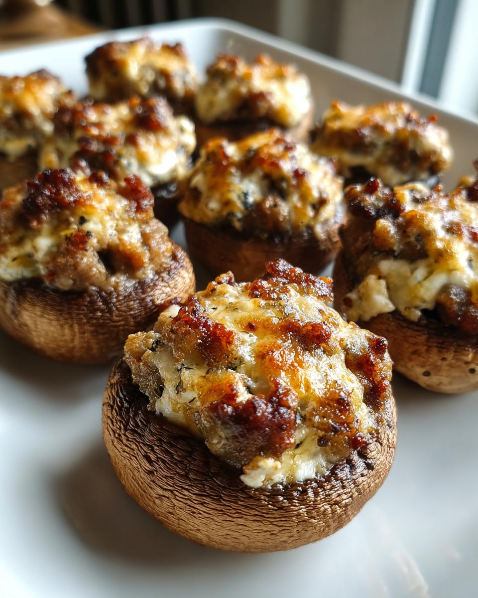 Close-up of baked Sausage stuffed mushrooms with browned, cheesy topping served on a white platter.
