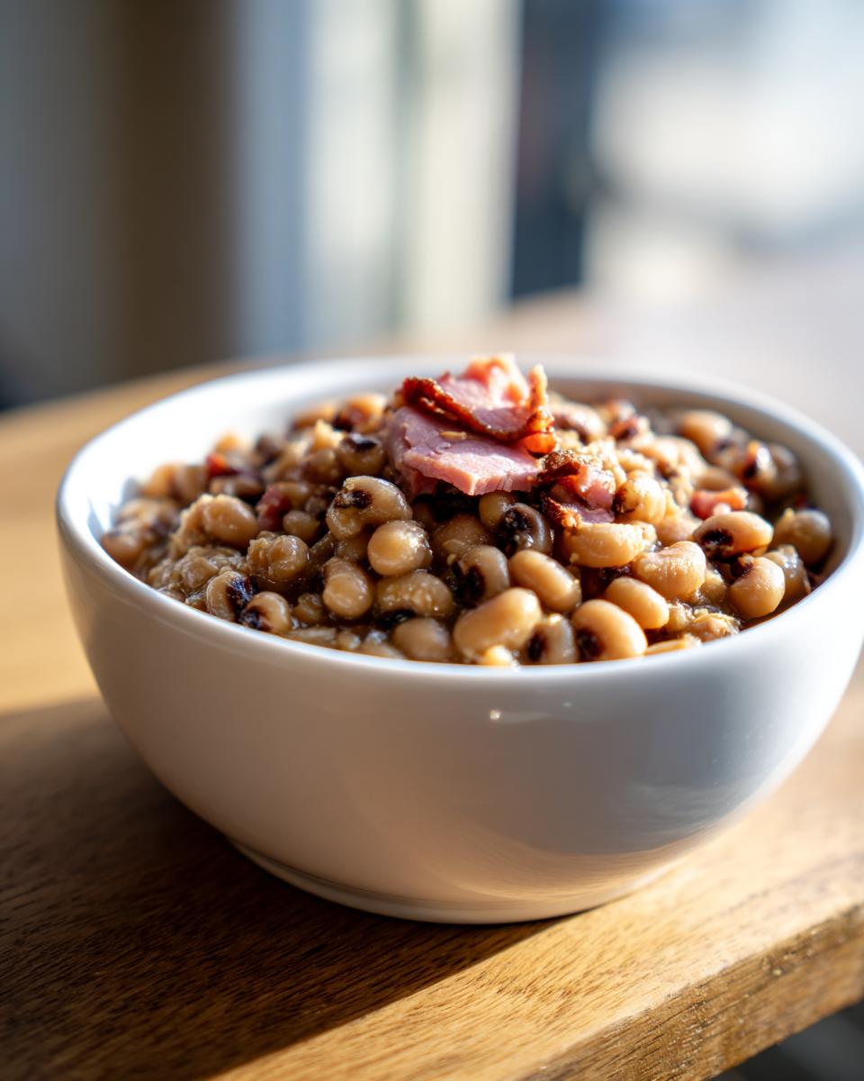 A white bowl filled with a savory black eyed peas recipe topped with pieces of smoked ham.