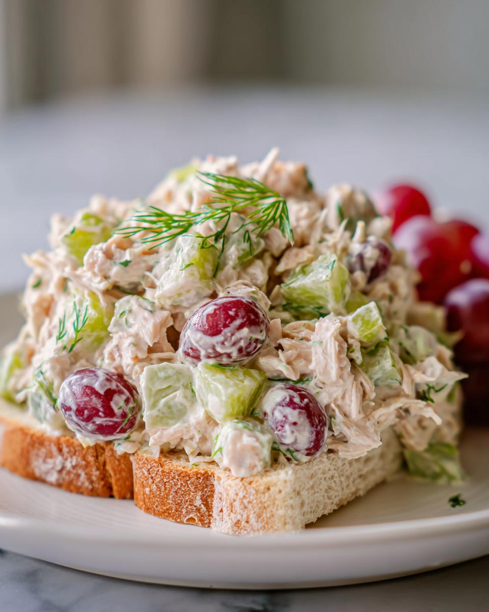 Close-up of an open-faced chicken salad sandwich piled high with creamy chicken salad, celery, red grapes, and topped with fresh dill.