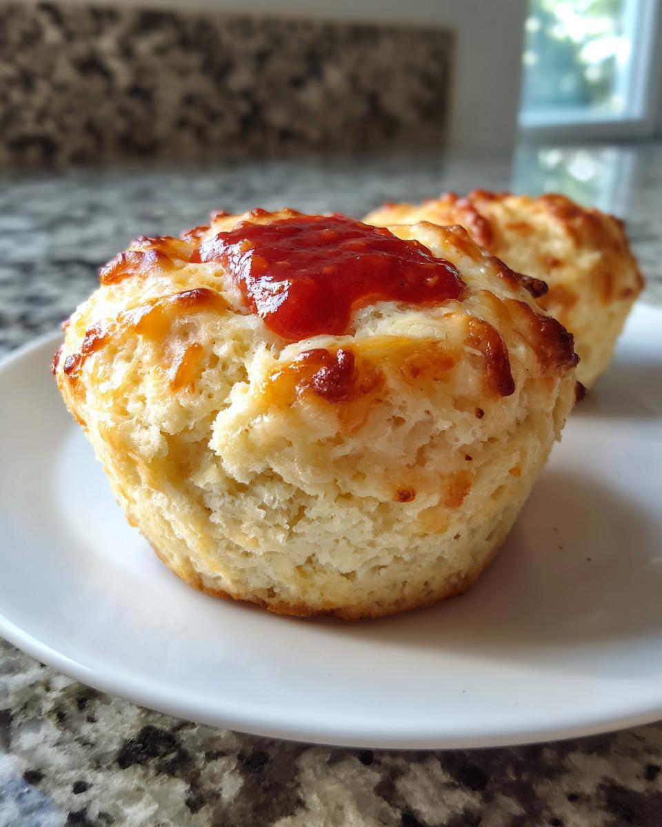 A close-up of a freshly baked, golden Pizza Muffins topped with melted cheese and a dollop of red sauce.