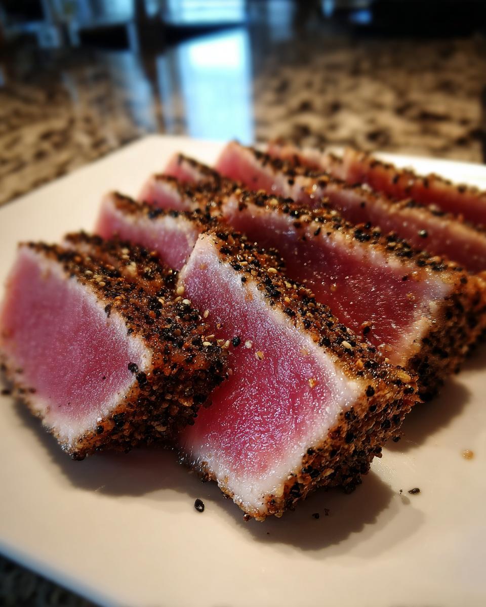 Close-up of perfectly seared ahi tuna slices, crusted with black pepper and sesame seeds, showing a vibrant red center.