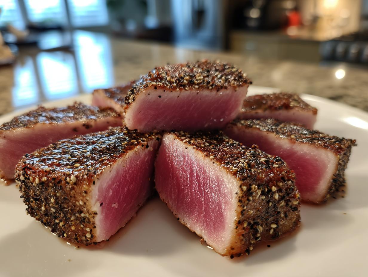 Close-up of perfectly seared ahi tuna steaks, crusted with pepper and sliced to show the rare pink center.