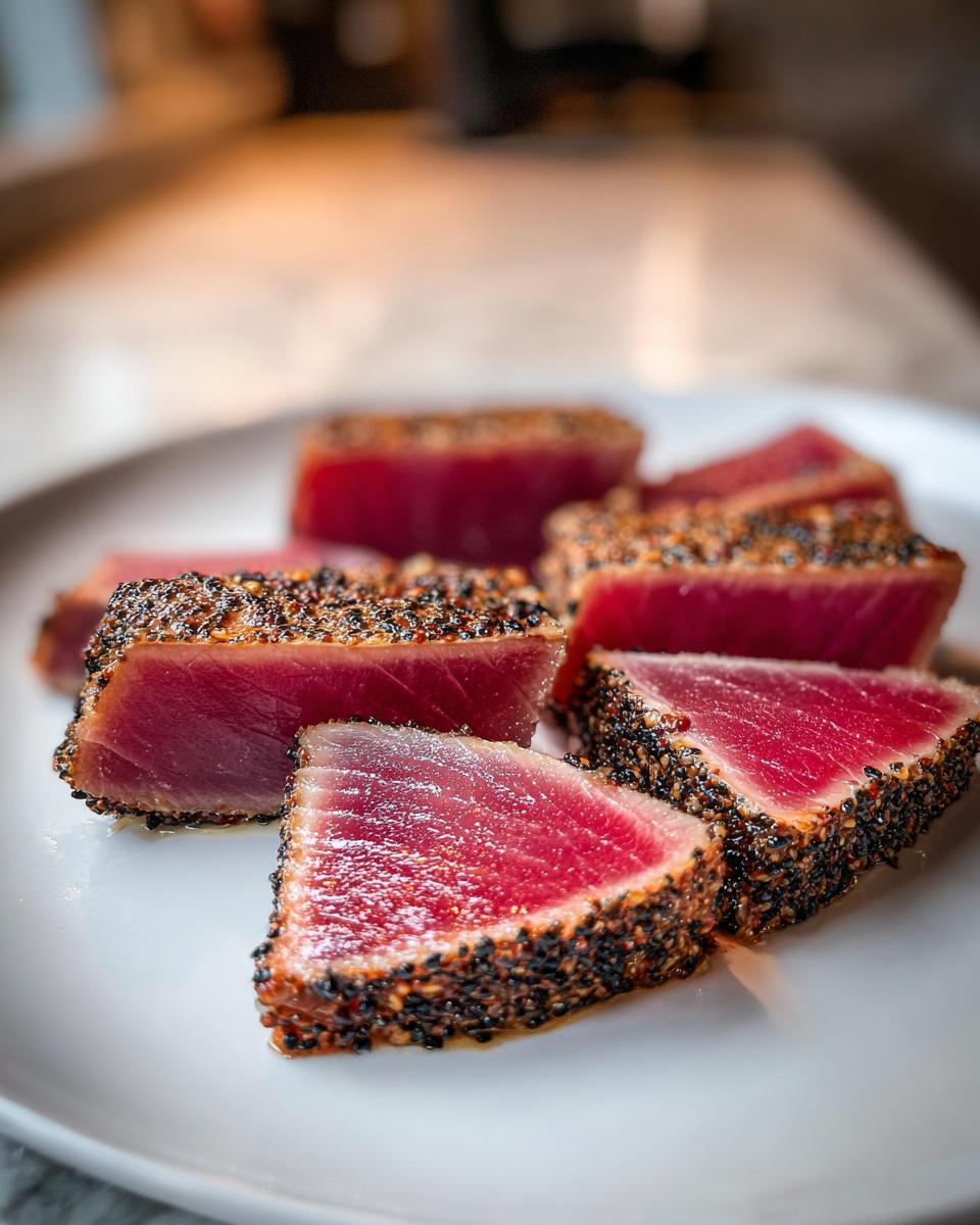 Close-up of perfectly seared ahi tuna slices, crusted with black sesame seeds, showing a bright red interior.