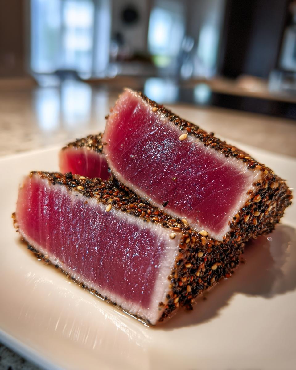 Two thick slices of perfectly seared ahi tuna steak, showing a bright red center and a dark sesame seed crust.