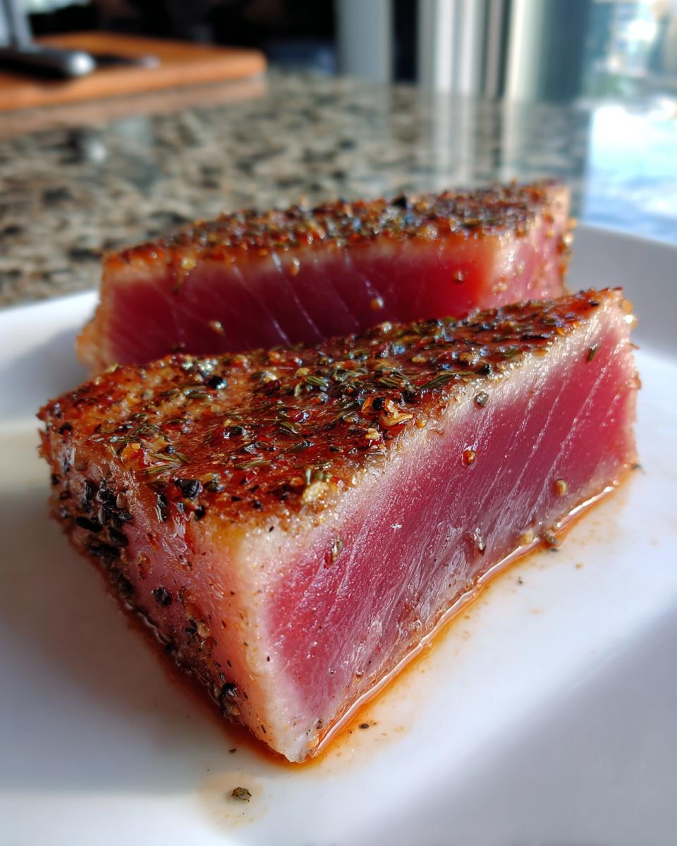 Two thick, ruby-red tuna steaks seasoned with herbs resting on a white plate after using the MARINADE FOR TUNA STEAK.