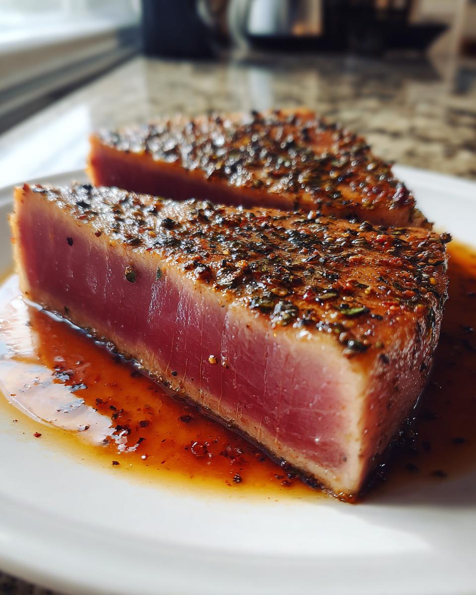 Two thick slices of seared tuna steak, rare in the center, covered in a dark herb crust, resting in sauce.